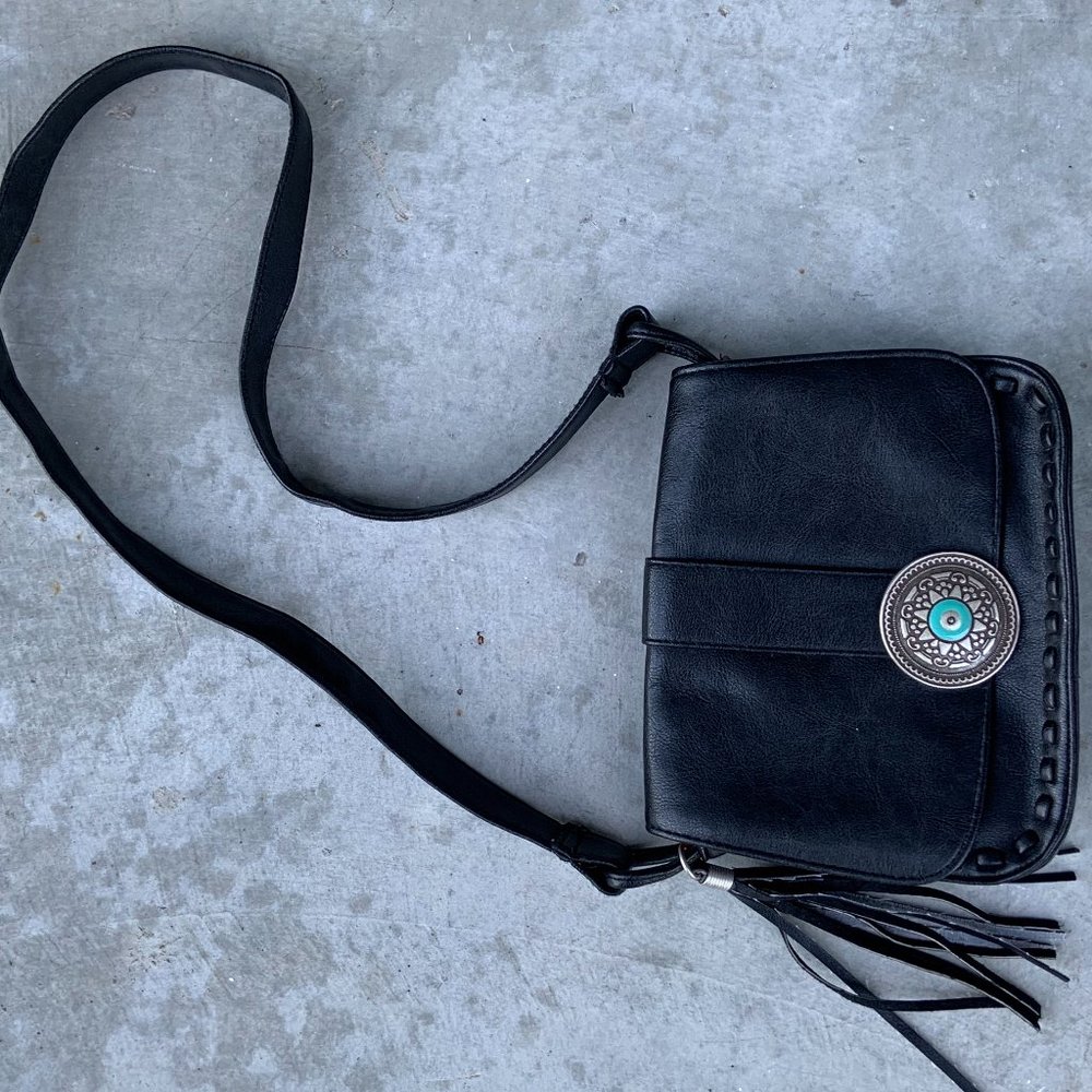 Black Faux Leather Cross Body Purse with Silver and Teal Boho Front with Fringe